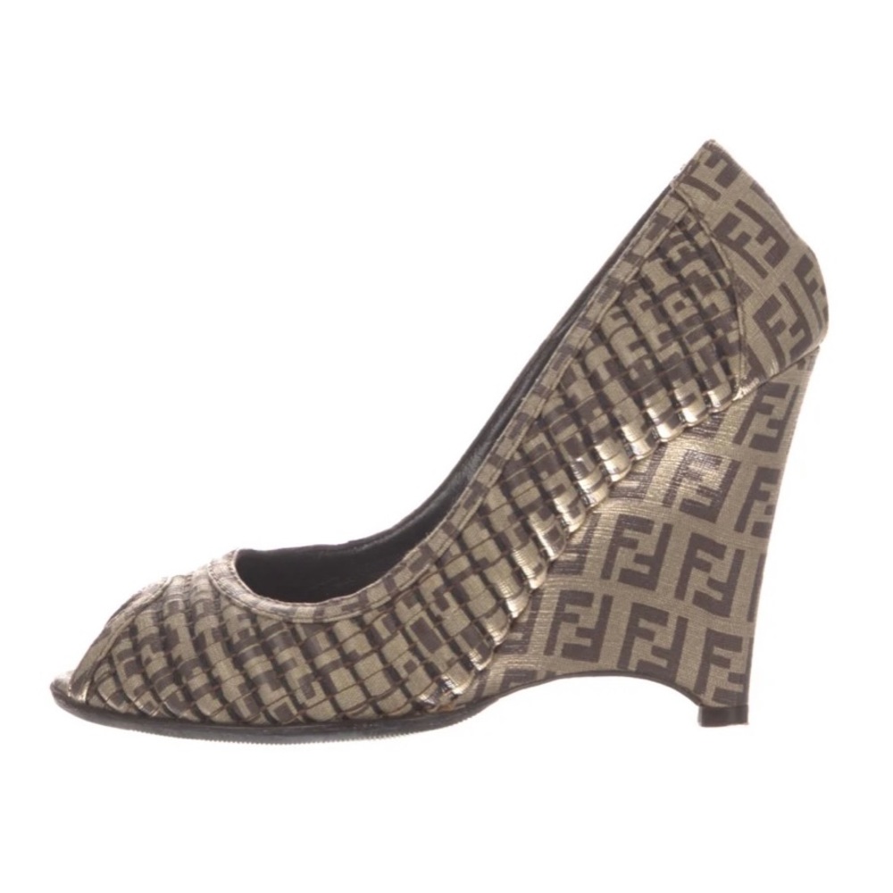 Classic Fendi logo FF Canvas Printed Pumps Size: 5.5 or 35.5 peep toe wedge heel